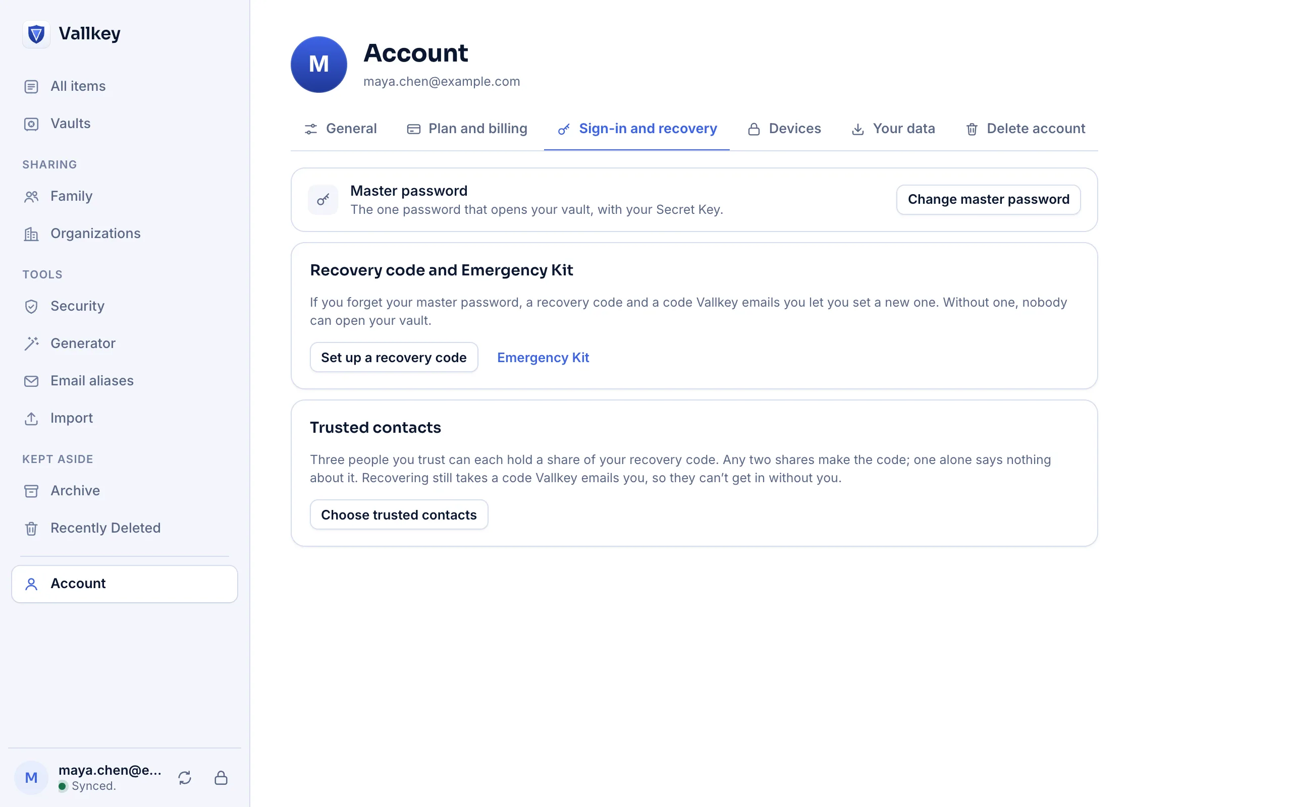 Account recovery: the master password, a recovery code with the Emergency Kit, and trusted contacts.