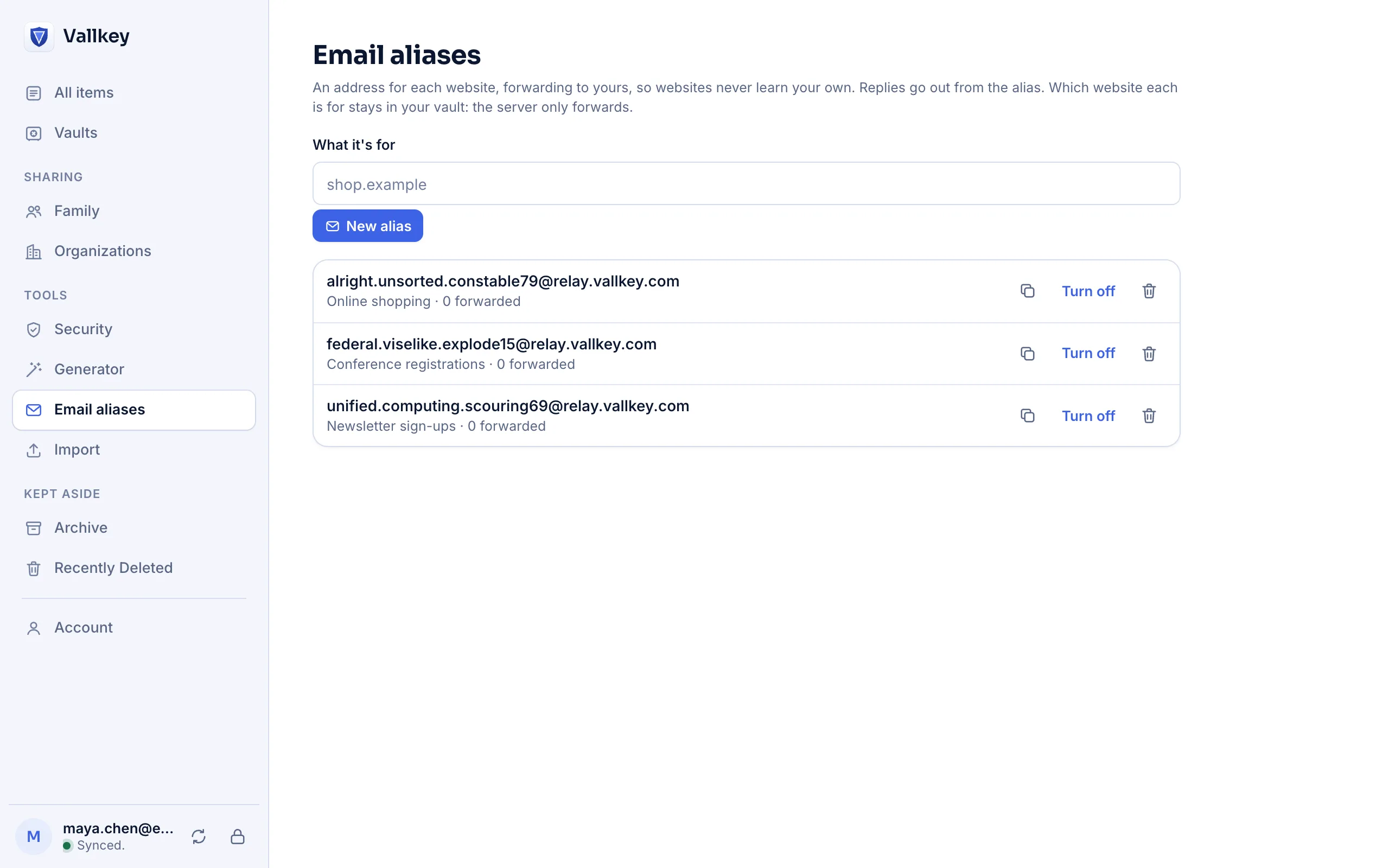 Three email aliases, each for one use, forwarding to the account's own address.