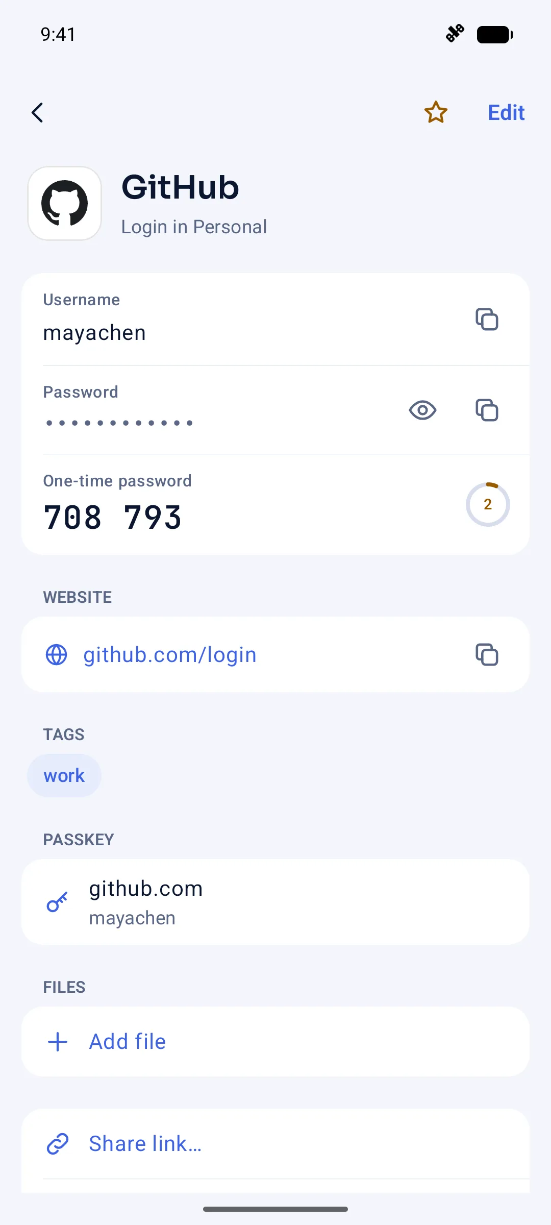 Vallkey on Android, with a GitHub login open: its username, password and one-time code.