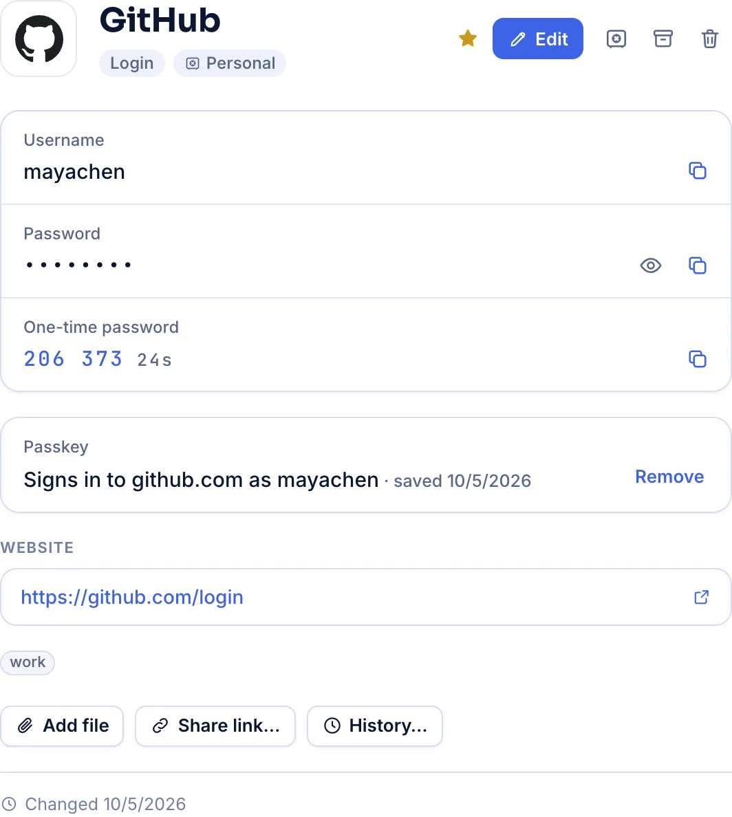 A GitHub login in Vallkey: its username, password, one-time code and passkey.