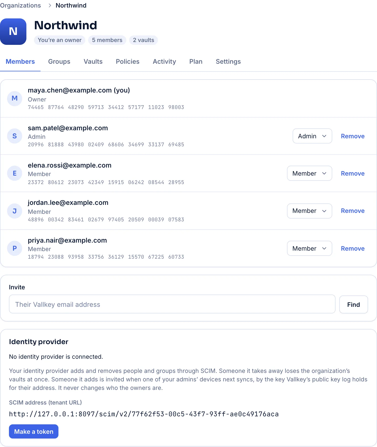 Northwind's members in the Vallkey admin console: an owner, an admin and three members, each with their key's fingerprint.