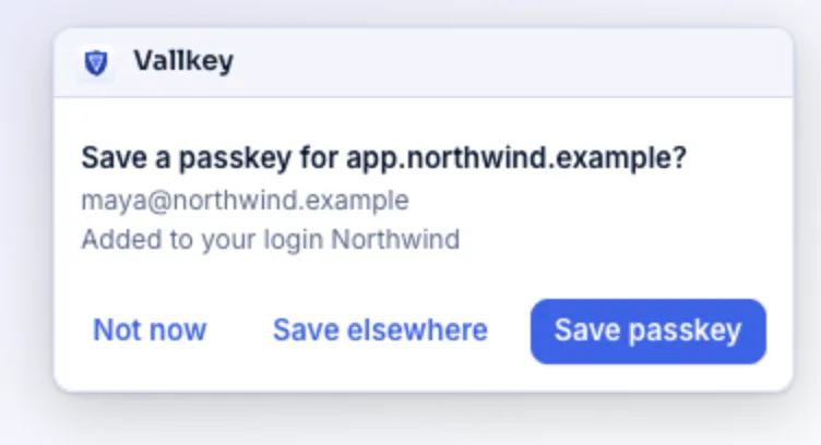 Vallkey asking whether to save a passkey for app.northwind.example, added to the login already saved there.