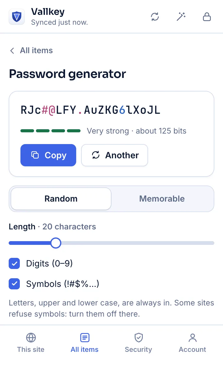 The password generator in Vallkey's browser extension: a 20-character password rated very strong, with options for digits and symbols.