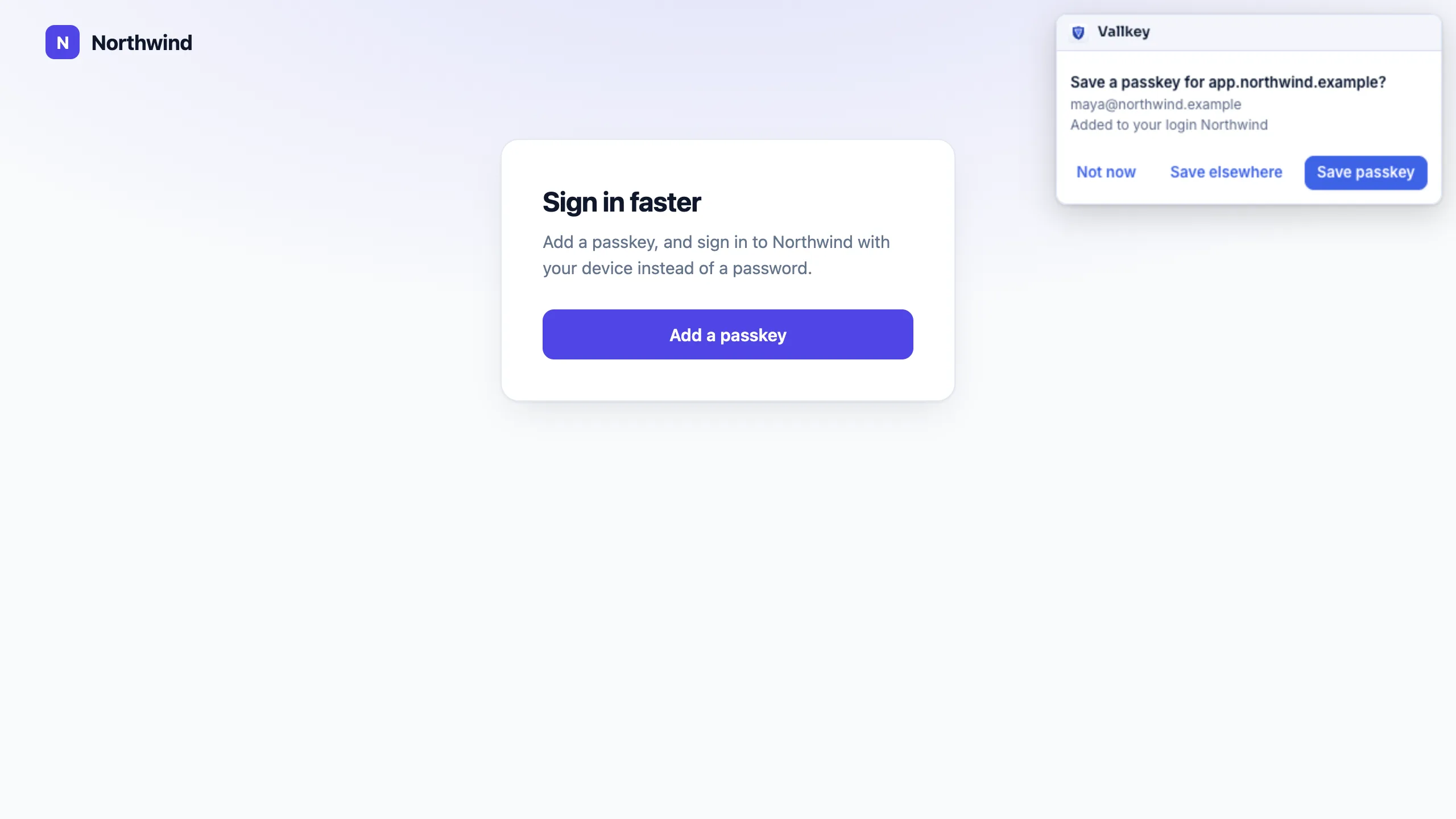 Vallkey asking whether to save a passkey for the website, added to the login already saved there.