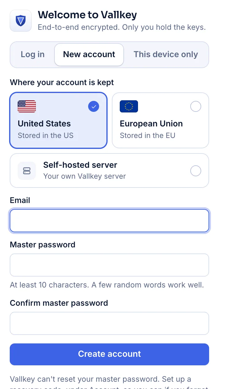 The browser extension's first screen: log in, make an account, or keep the vault on this device only.