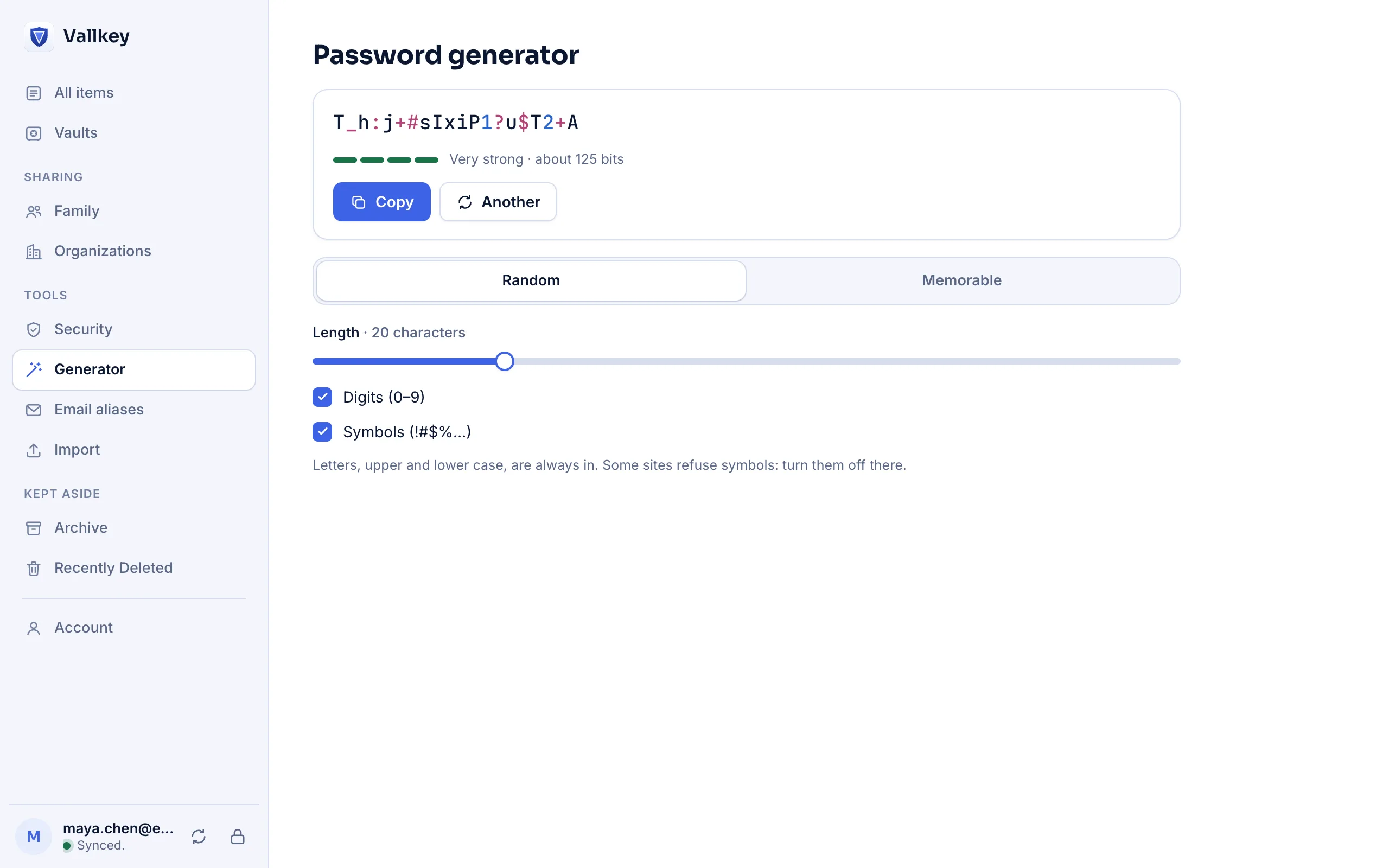 Vallkey's password generator, with a 20-character password rated very strong.