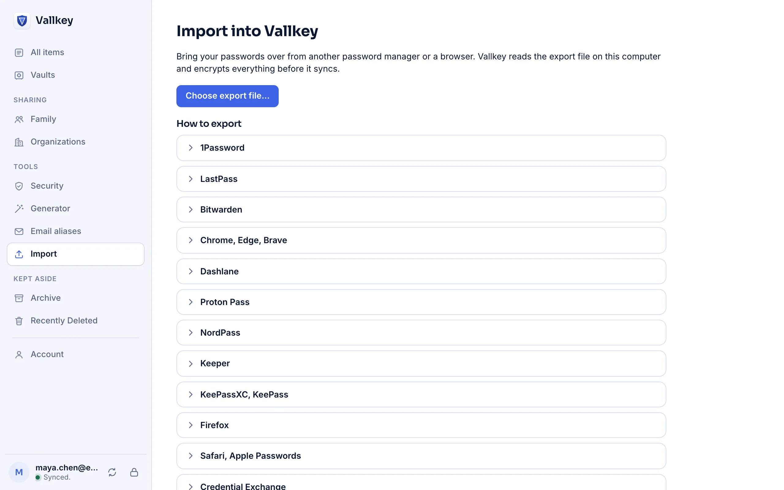 Importing into Vallkey, with steps for each password manager and browser it imports from.