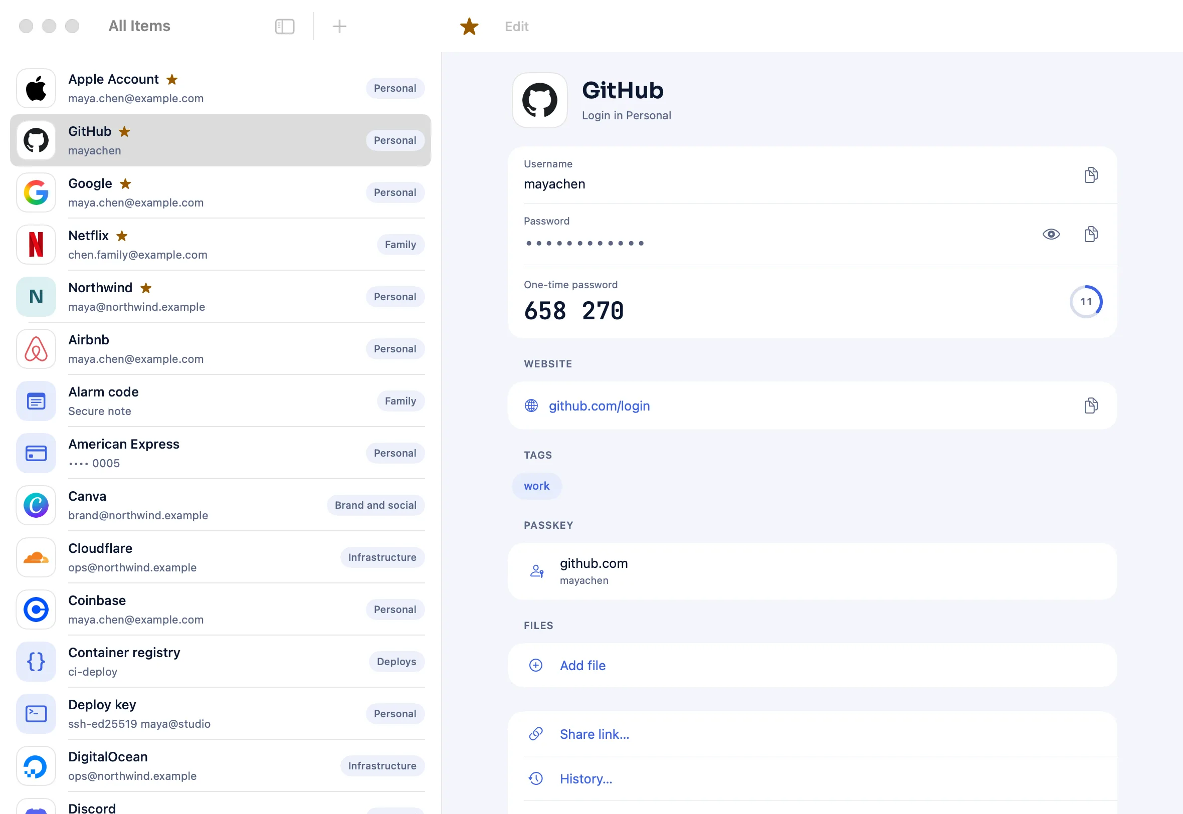 Vallkey for Mac: the item list beside a GitHub login, with its one-time code and passkey.