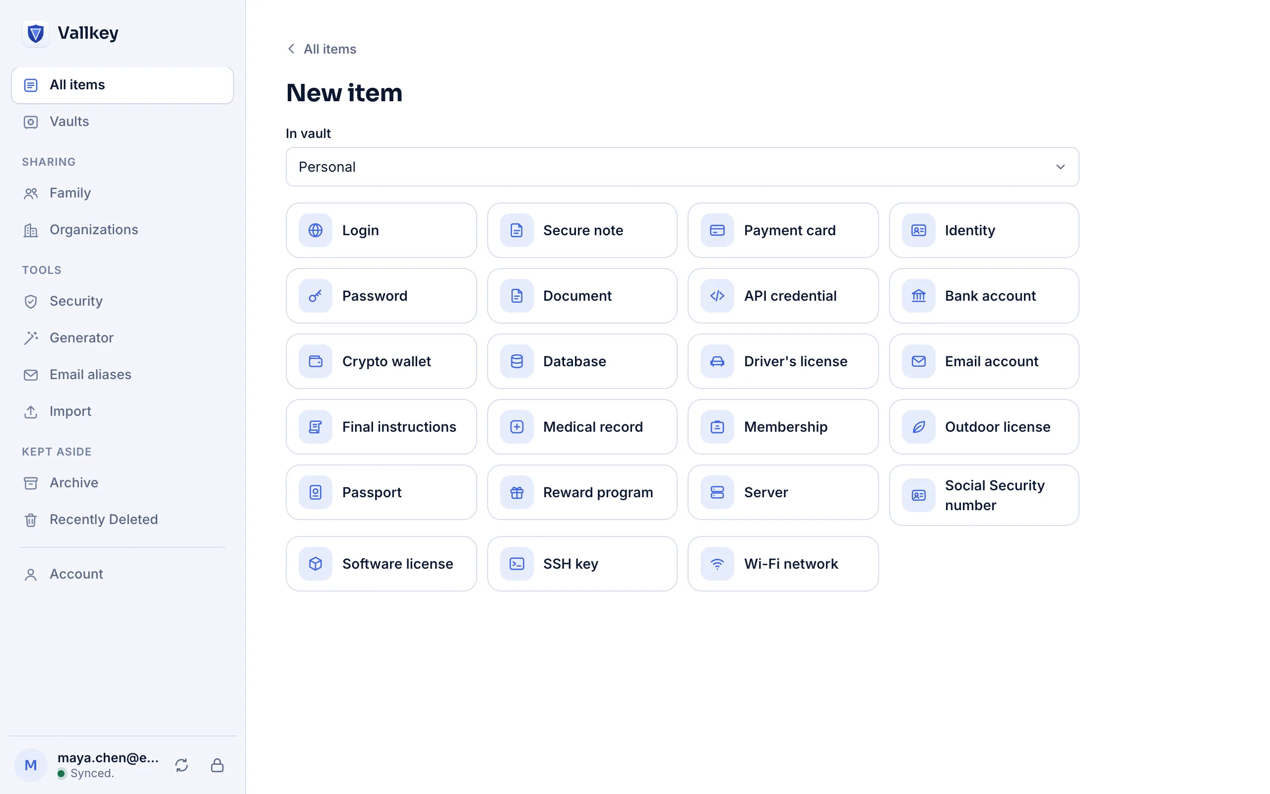 The kinds of item Vallkey keeps: logins, notes, cards, identities, documents and more.