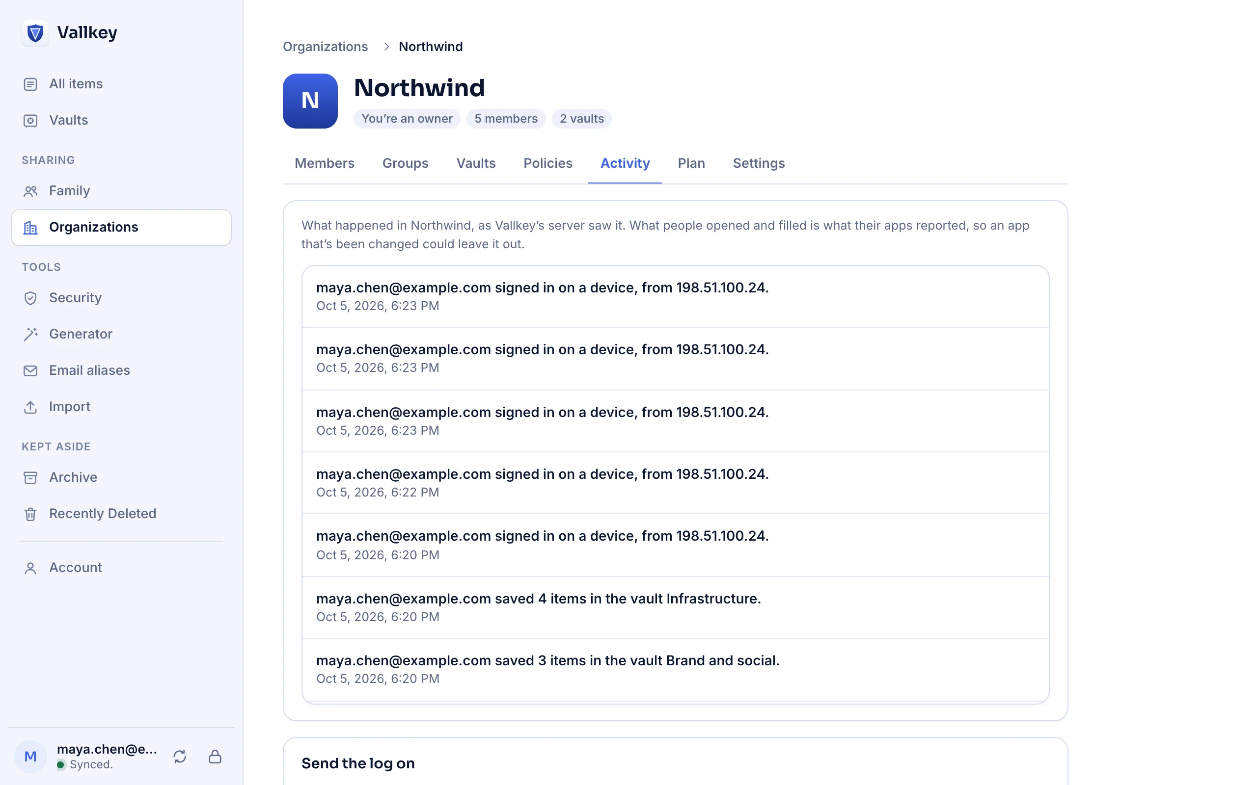 An organization's audit log: sign-ins, saved items and changes to who can open which vault.