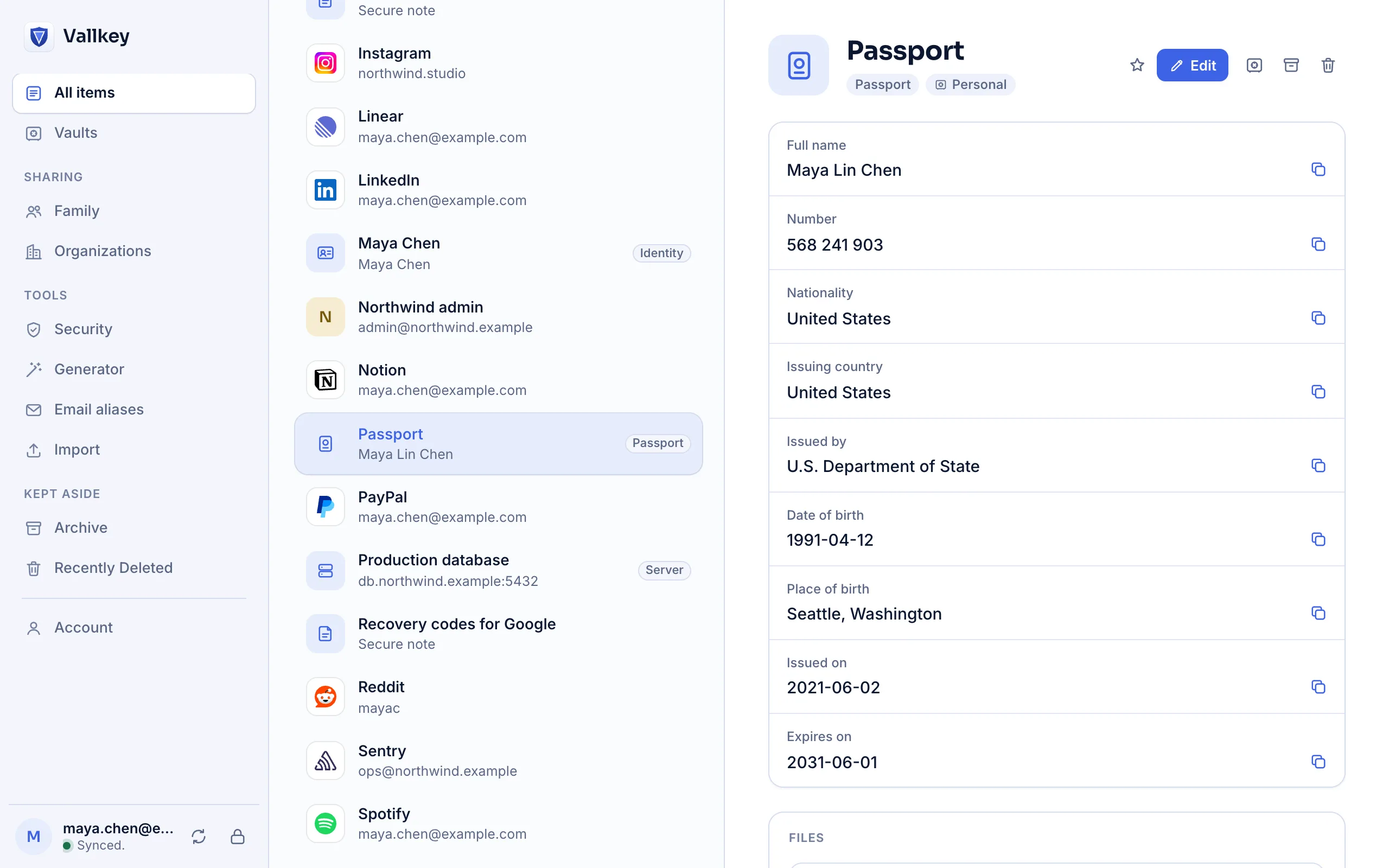 A passport saved in Vallkey, with its scan kept as a file beside it.