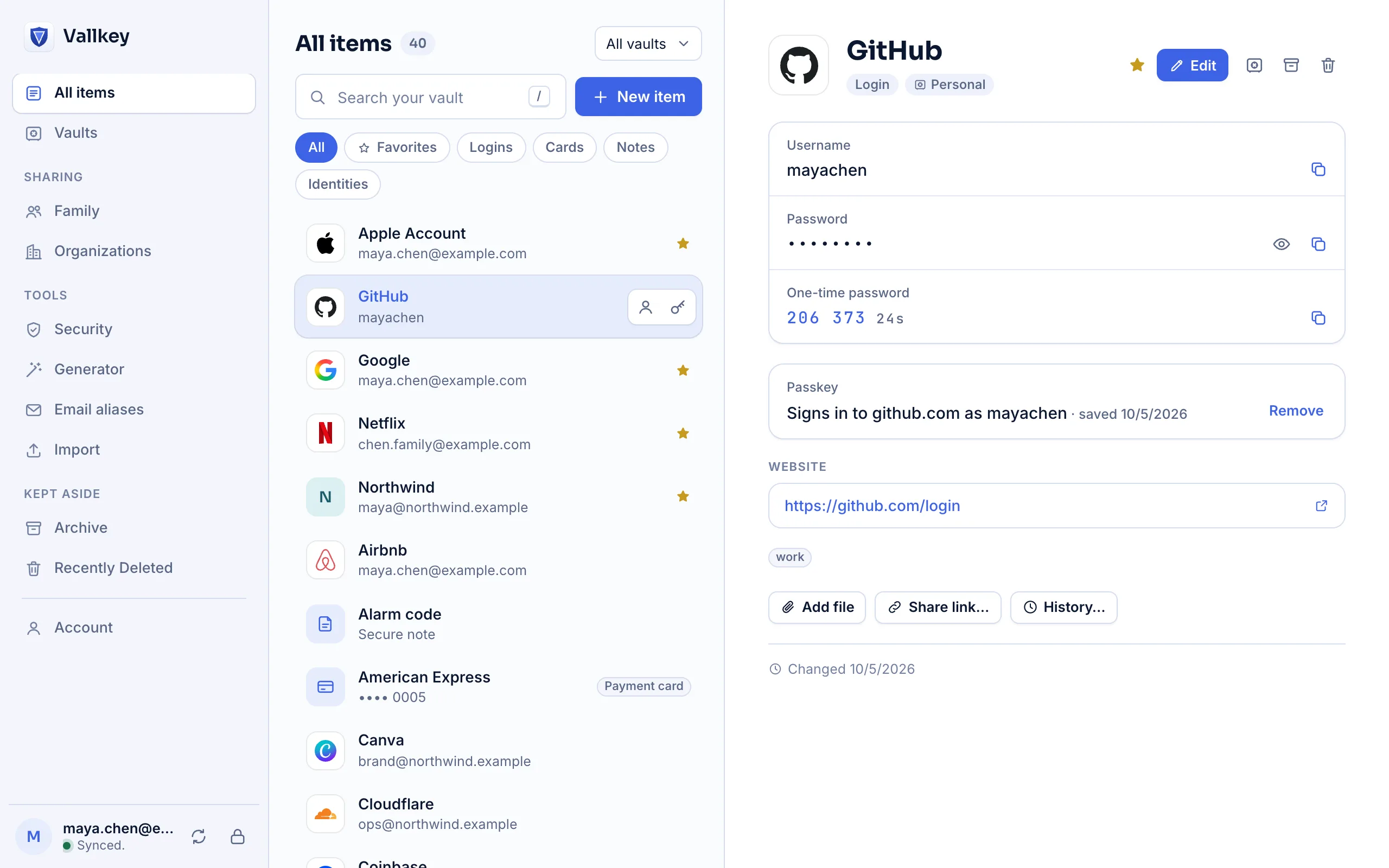 The Vallkey web vault, with a GitHub login open: its username, password, one-time code and passkey.